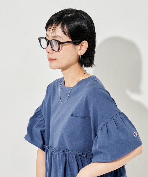 tシャツ Champion × FREAK'S STORE/チャンピオン 別注 切替ギャザー 袖フレア Tシャツ レディースの画像