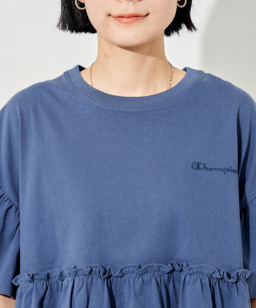 tシャツ Champion × FREAK'S STORE/チャンピオン 別注 切替ギャザー 袖フレア Tシャツ レディースの画像