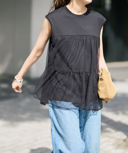 tシャツ 「一部店舗+WEB限定」ドットチュールティアードTシャツ レディースの画像