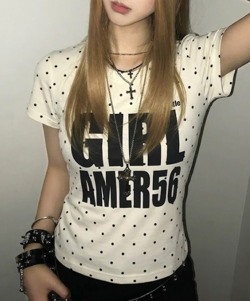 tシャツ 半袖 フロントロゴ ドット柄 タイトフィット クルーネック半袖