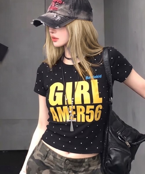 tシャツ 半袖 フロントロゴ ドット柄 タイトフィット クルーネック半袖