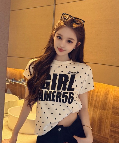 tシャツ 半袖 フロントロゴ ドット柄 タイトフィット クルーネック半袖