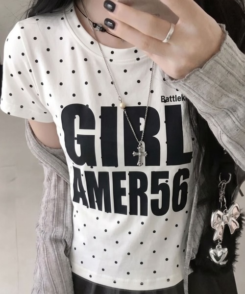 tシャツ 半袖 フロントロゴ ドット柄 タイトフィット クルーネック半袖