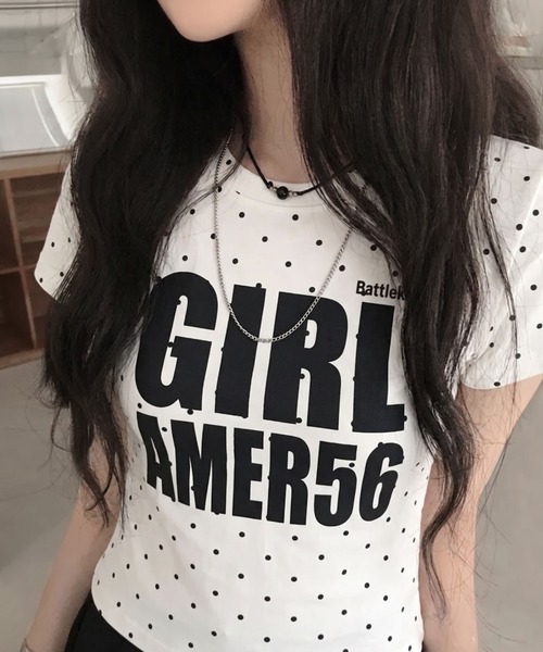  ドット柄 半袖Tシャツ トレフォイルロゴ tシャツ 半袖 フロントロゴ ドット柄 タイトフィット クルーネック半袖