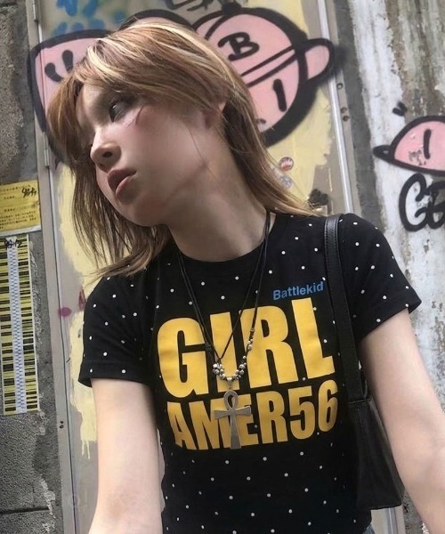 tシャツ 半袖 フロントロゴ ドット柄 タイトフィット クルーネック半袖