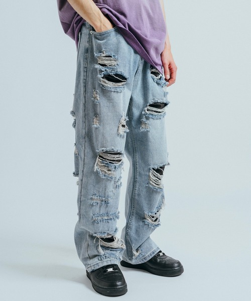 ジーンズ ルーズ ワイド ストレートパンツ ダメージ加工 クール Ressaca ジーンズ ルーズシルエット ダメージ加工ワイド