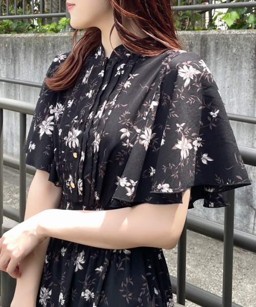 NOMAE ワンピース フレアケープスリーブ花柄ワンピース レディース 