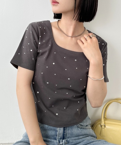 CLEA tシャツ 半袖 ビジューストーンスクエアネック半袖トップス 