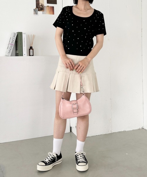 CLEA tシャツ ビジューストーンスクエアネック半袖トップス レディース