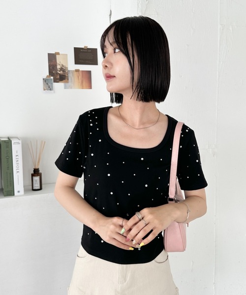 CLEA tシャツ 半袖 ビジューストーンスクエアネック半袖トップス 