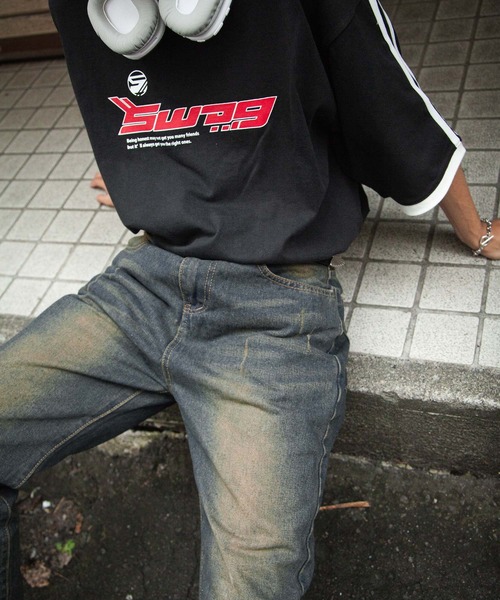 デニム ジーンズ サイド クロス ワイド ダメージ パンツ サイドダメージワイドデニムパンツ | レディースファッション