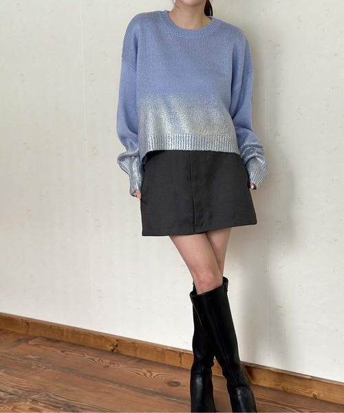 Per sist ence ニット セーター シルバー箔プリントクロップド丈