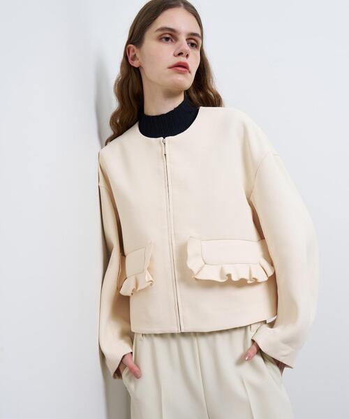 LANVIN en Bleu ノーカラージャケット アイボリー大きめ LANVIN en Bleu(ランバン オン ブルー)｜グログランノーカラー