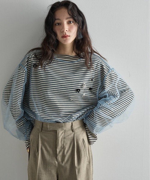 THE Yon tシャツ ビジュー刺繍チュールシアールーズトップス