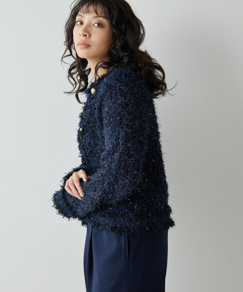極美品✨FOXEY 現行タグ　ツイード　ニット　ラメ　ノーカラー　ジャケット FOXEY - フォクシー ツイード ラインストーン ノーカラー