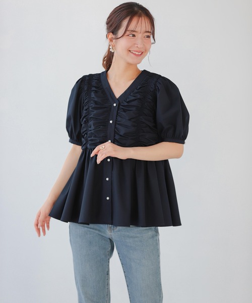 LITMUS ギャザー入りパフスリーブトップス 黒 Fit more ブラウス シャツ ギャザーパフスリーブペプラム