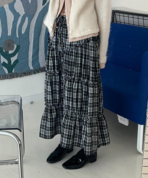 フリルチェックロングスカート lilLilly（リルリリー）の「フリルチェックロングスカート