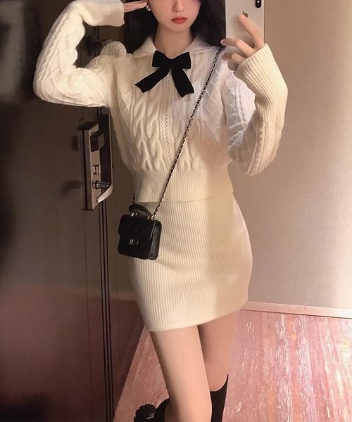 ダイヤ d.i.a. ケーブルニット セットアップ ショート丈 スカートパンツ blackdia ocean（ブラックダイヤオーシャン） セットアップ ケーブル柄