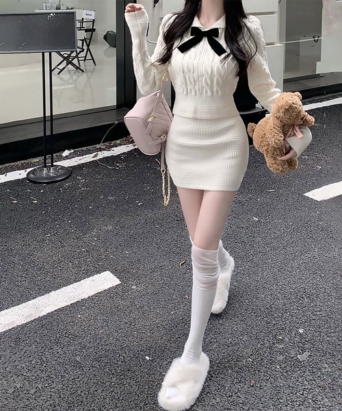 ダイヤ d.i.a. ケーブルニット セットアップ ショート丈 スカートパンツ blackdia ocean（ブラックダイヤオーシャン） セットアップ ケーブル柄