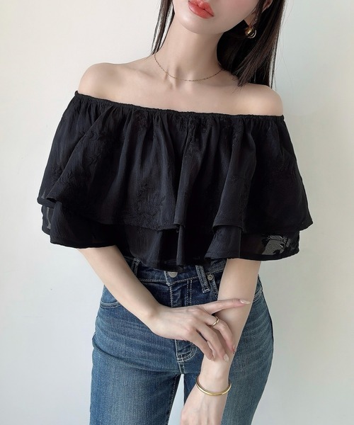 Meiru ブラウス シャツ オフショルフリルシアーブラウス レディース