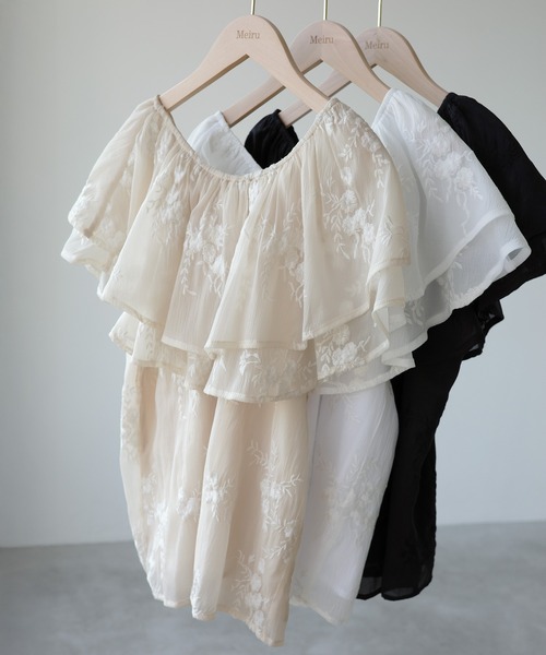 Meiru ブラウス シャツ オフショルフリルシアーブラウス レディース