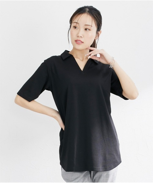 「大きい胸専用」吸汗速乾・UVカットスキッパー襟ポロチュニック レディース