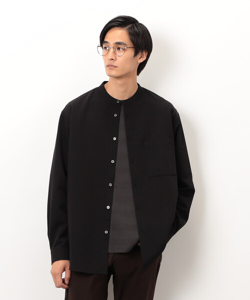 【本日限定価格】COMME CA COLLECTION コムサ 黒 長袖シャツ COMME CA ISM（コムサイズム） シャツ ウールライク バンドカラー 長袖