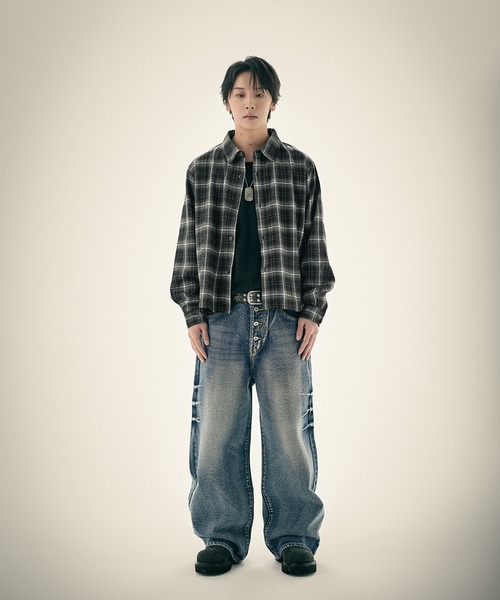 シャツ ボックスシルエットオンブレチェック長袖シャツ メンズ