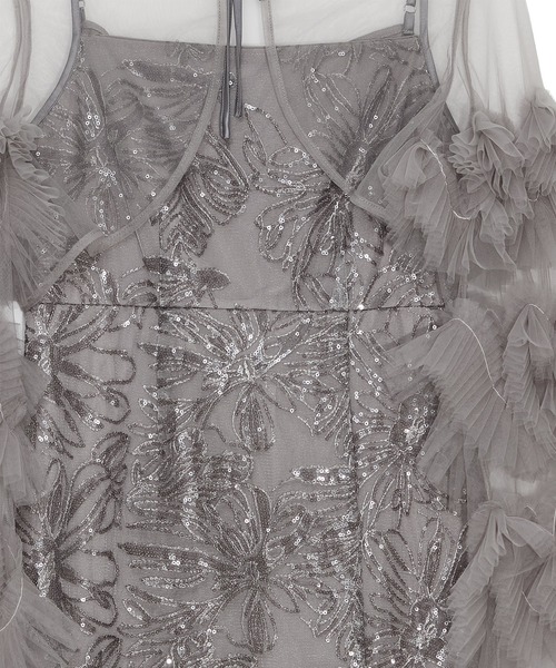 フリルチュールスリーブリボンIラインワンピースドレス結婚式パーティー二次会成人式 Leja（レジャ） ドレス 「LEJA」フリルチュールスリーブリボンIライン