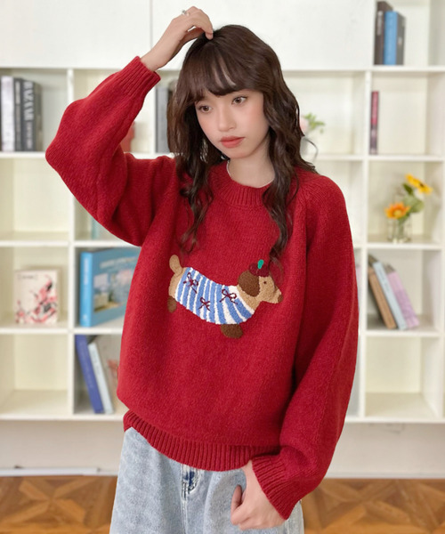 ニット セーター 「Good Riddance」ラグランスリーブ クルーネック 犬