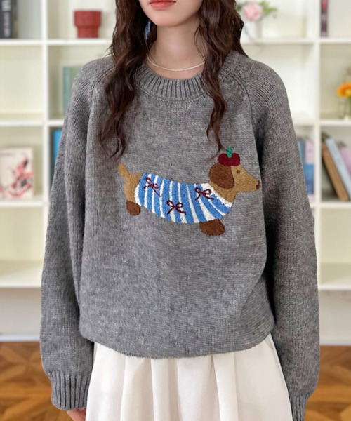 ニット セーター 「Good Riddance」ラグランスリーブ クルーネック 犬