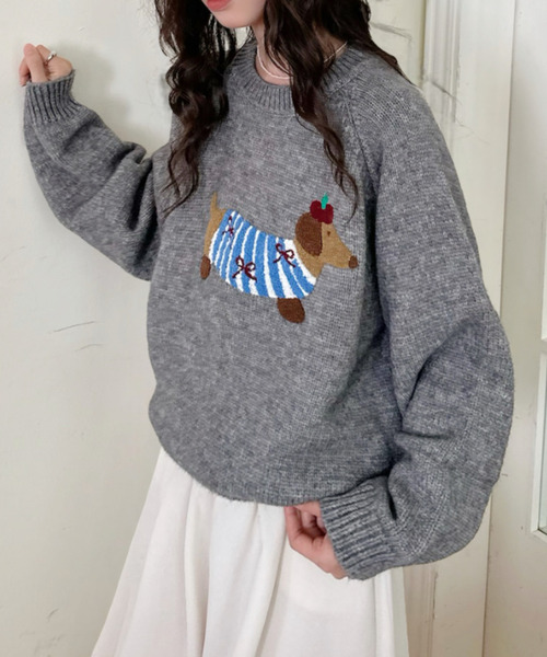 ニット セーター 「Good Riddance」ラグランスリーブ クルーネック 犬