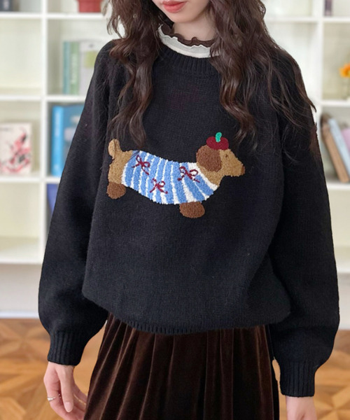 ニット セーター 「Good Riddance」ラグランスリーブ クルーネック 犬