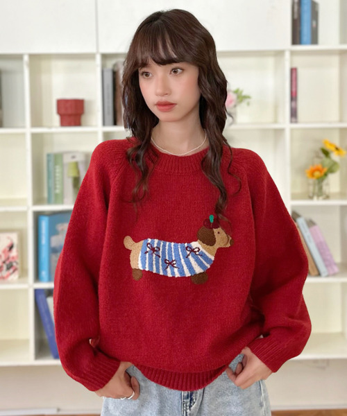 ニット セーター 「Good Riddance」ラグランスリーブ クルーネック 犬