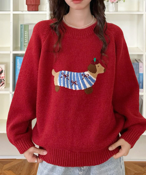 ニット セーター 「Good Riddance」ラグランスリーブ クルーネック 犬