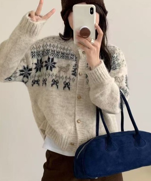 mayuko②３Ｌ紺色系*ノルディック柄ニットセーターカーディガン ニット セーター ノルディック柄ニットカーディガン レディース