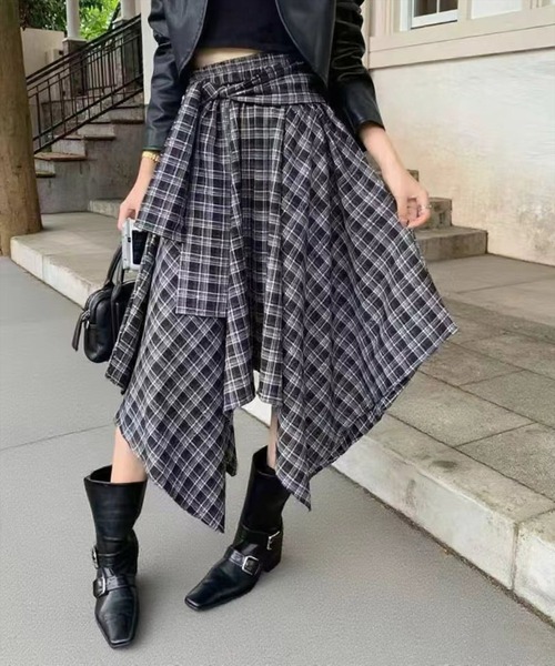 チェック柄 アシンメトリースカート Outfitter lab｜ヴィンテージチェック柄アシンメトリースカート