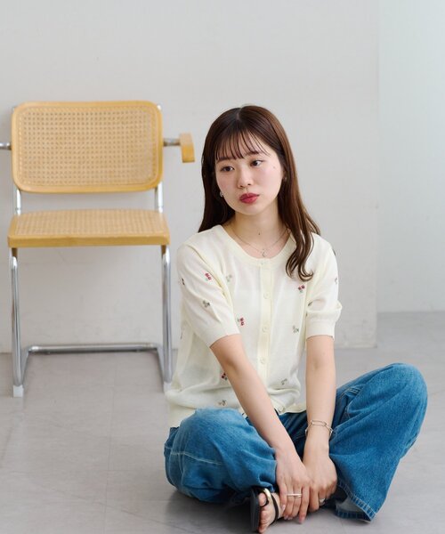 Discoat（ディスコート） カーディガン 半袖 「前後2WAY」花柄刺繍半袖