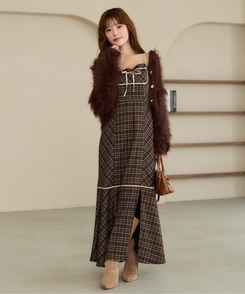 AmlyCity チェック柄 キャミワンピース ロング丈 ブラウン系 one after another NICE CLAUP ワンピース 「SMサイズ展開」配色