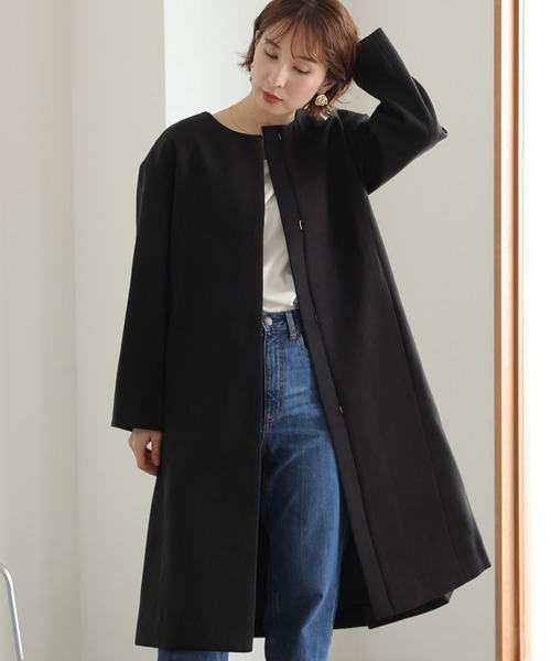 マーリエパーエフデ　後ろプリーツノーカラーコート　袖フレア　大きいサイズ　21号 ElegChic ノーカラーコート コート 後 プリーツ コート レディース