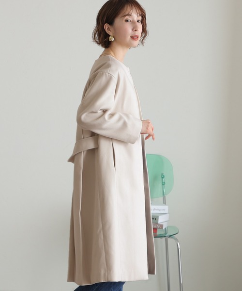 ElegChic ノーカラーコート コート 後 プリーツ コート レディース