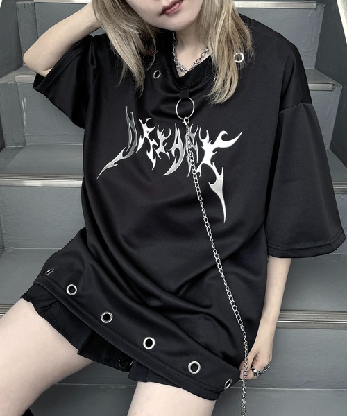 MAROCORE tシャツ チェーン付きメタルロゴ トライバルプリント ビッグ