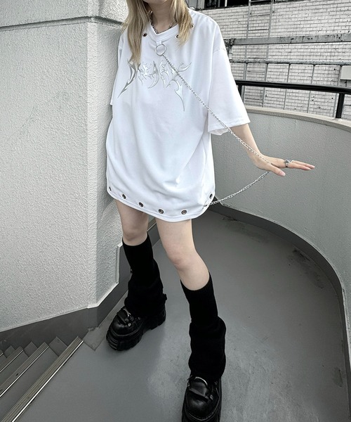 MAROCORE tシャツ チェーン付きメタルロゴ トライバルプリント ビッグ 