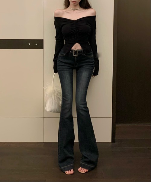 by muni:r ジーンズ デニム デニムパンツ ベルトブーツカットデニム 