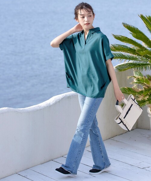 ブラウス シャツ リネン混クルーネックブラウスTシャツ レディース Tiaclasse ブラウス シャツ リネンミックススキッパーシャツ