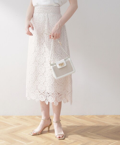 スカート 「軽やかで上品なひざ下丈」ケミカルレーススカート  