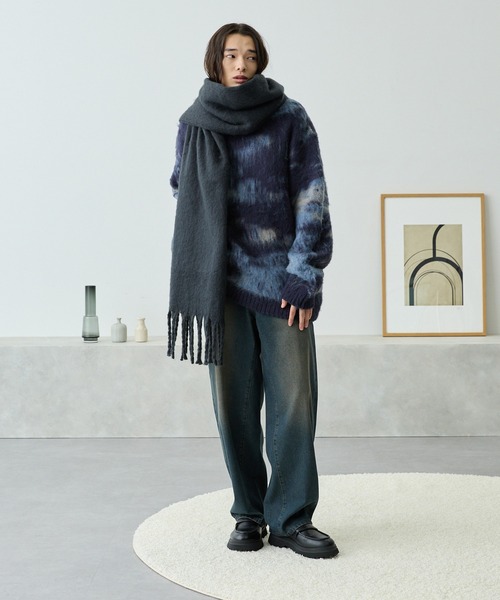 黒 マフラー フリンジ付き ロゴ入り MONO-MART マフラー フリンジボリューム大判マフラー メンズ
