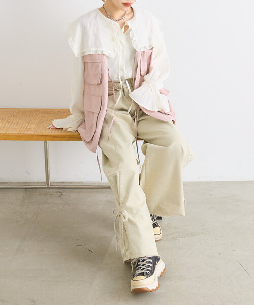 リボンデザインパールボタンベスト　ホワイト　最終入荷入荷終了です！！ w closet ベスト ジレ BIGポケットリボンベスト レディース