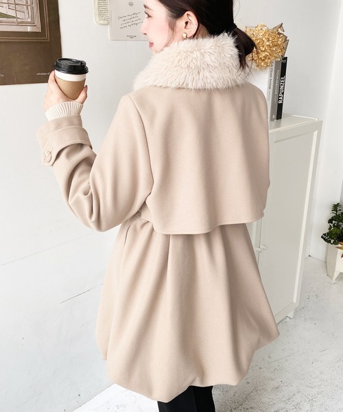 moment+ ステンカラーコート コート ファーティペット付きミドル丈