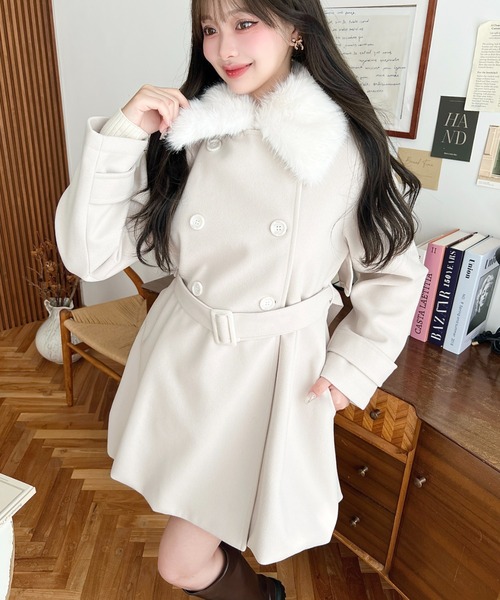 moment+ ステンカラーコート コート ファーティペット付きミドル丈